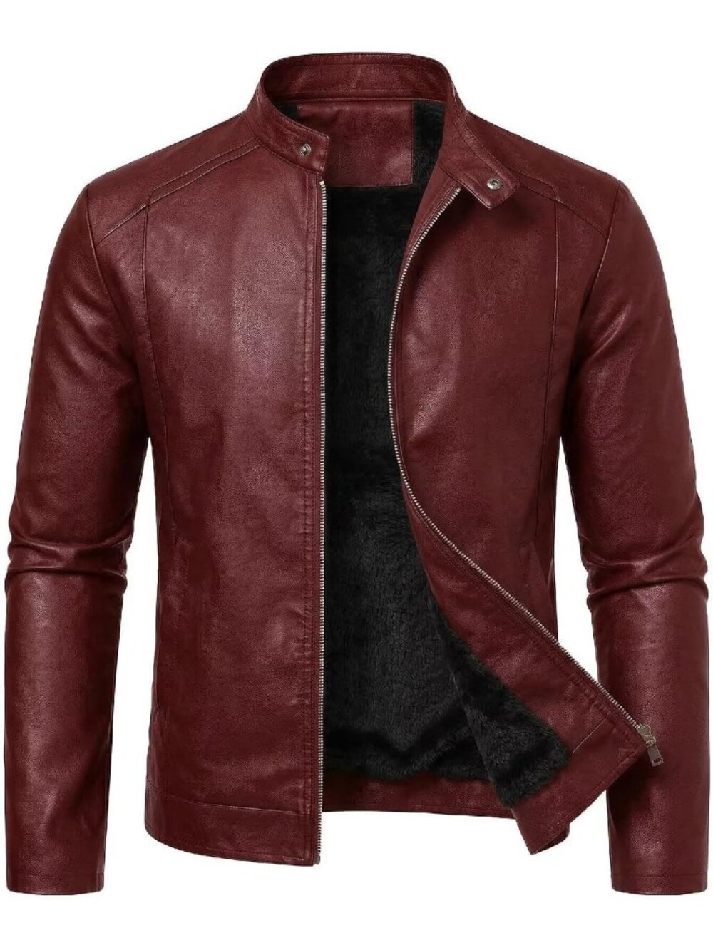 Men’s Red Fleece lined Faux Leather Motorcycle Biker Jacket Stand Collar Coat